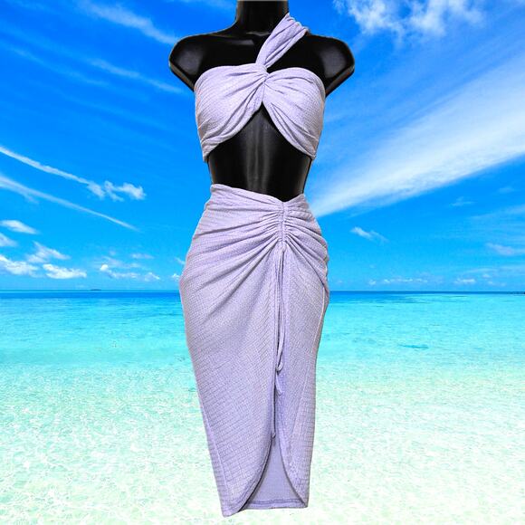 NWT XS / S‎ Purple Lilac Lavender Beach Sarong Skirt Bandeau Wrap Set Cover Up - Picture 1 of 4